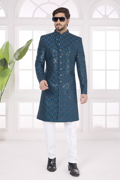 Teal Green Colour Art Silk Embroidery Work Sherwani