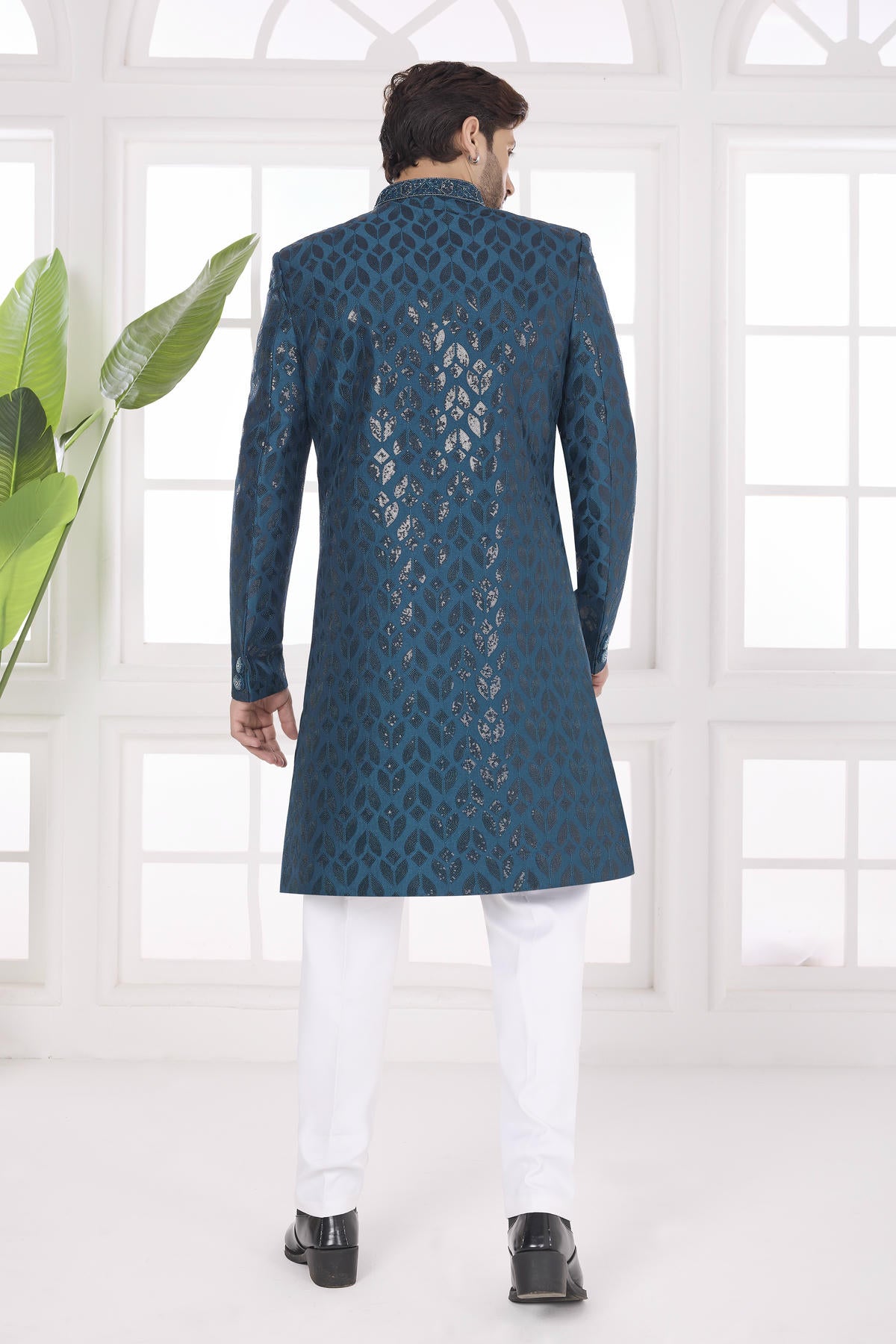 Teal Green Colour Art Silk Embroidery Work Sherwani