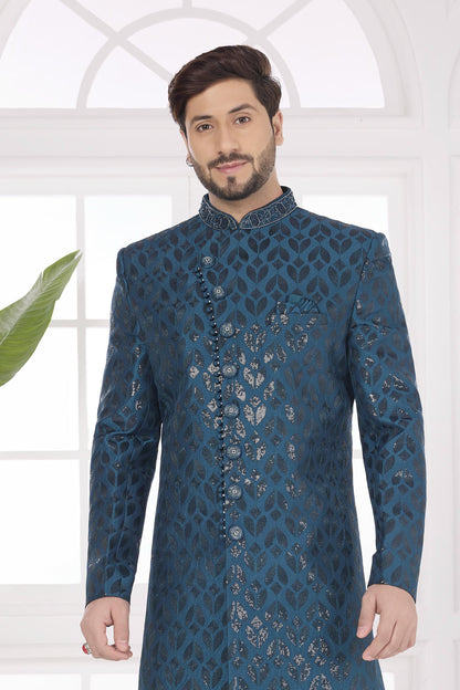 Teal Green Colour Art Silk Embroidery Work Sherwani