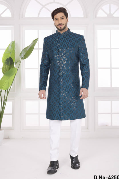 Teal Green Colour Art Silk Embroidery Work Sherwani