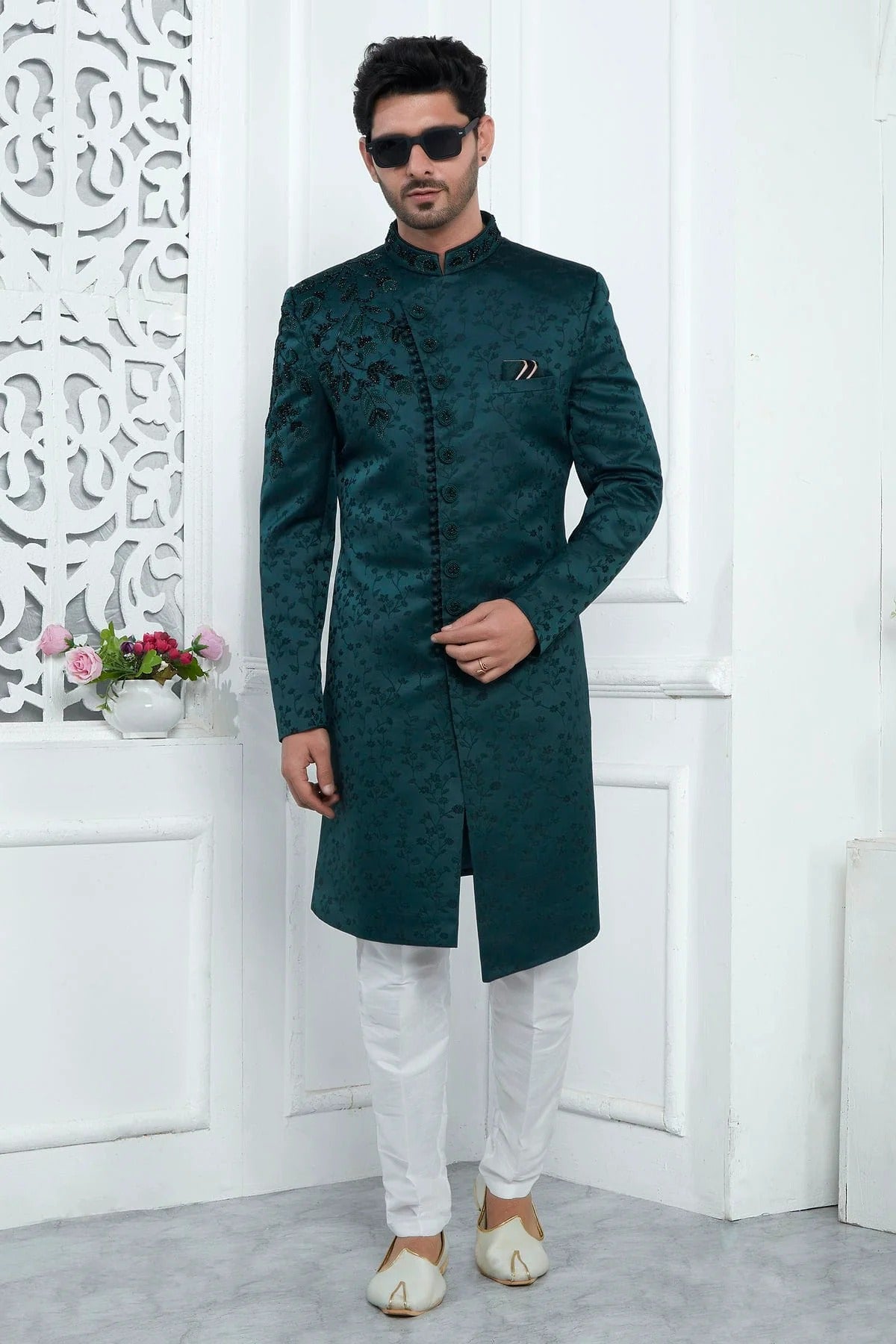 Teal Green Colour Art Silk Sherwani With Aligadhi Pant SH1230083 A