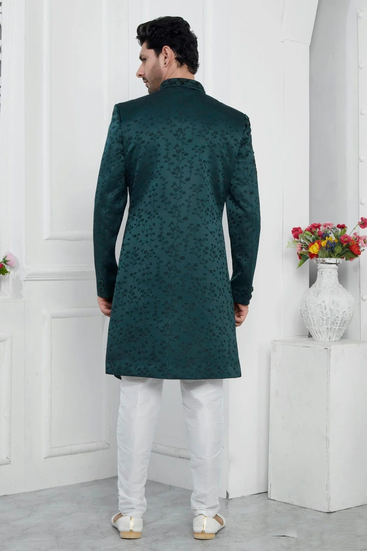Teal Green Colour Art Silk Sherwani With Aligadhi Pant SH1230083 B