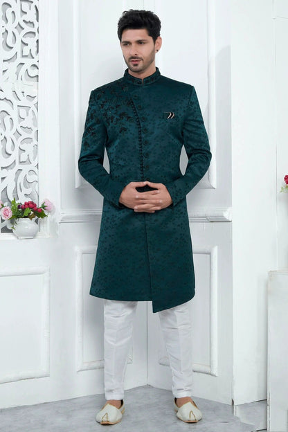 Teal Green Colour Art Silk Sherwani With Aligadhi Pant SH1230083
