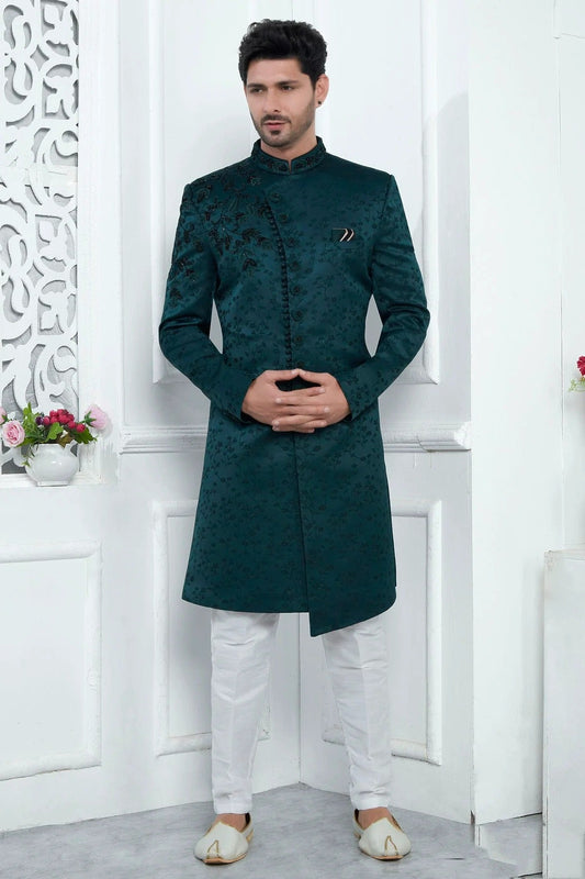 Teal Green Colour Art Silk Sherwani With Aligadhi Pant SH1230083