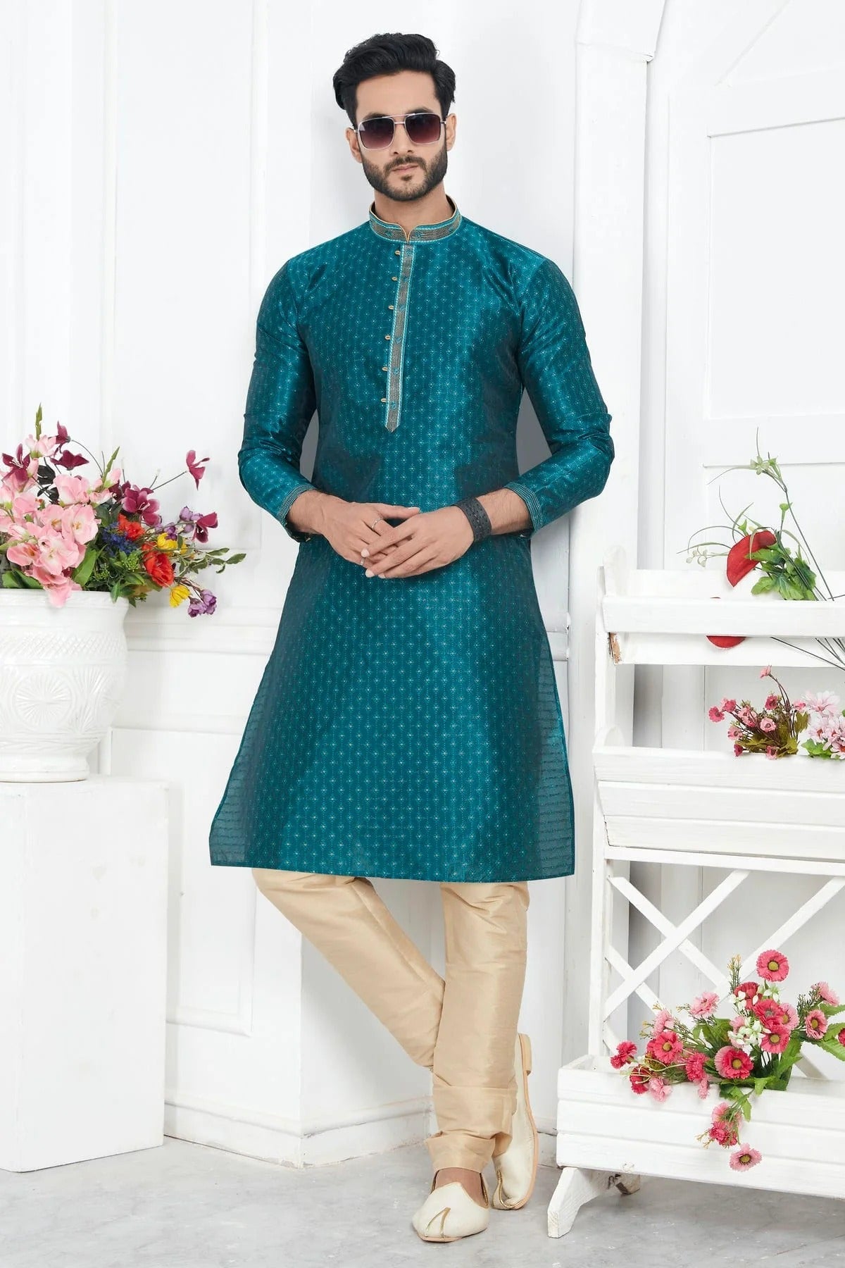 Teal Green Colour Jacquard Silk Brocade Kurta Pajama KP1230216 A