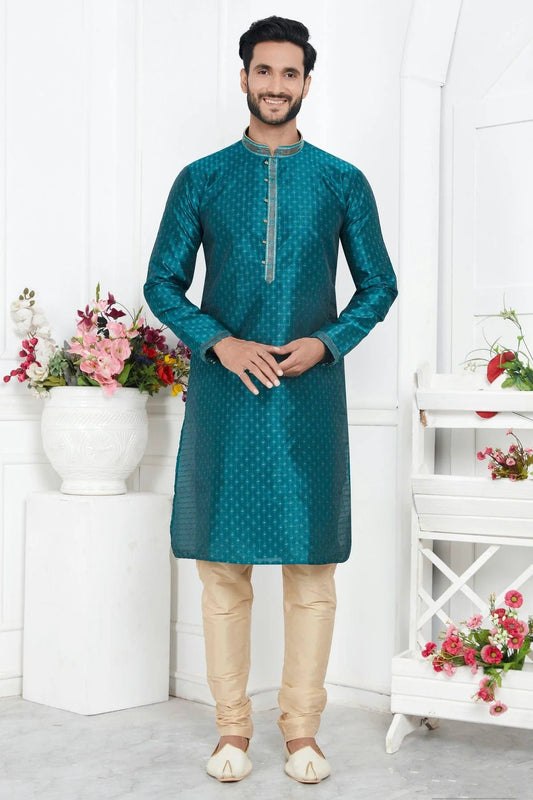Teal Green Colour Jacquard Silk Brocade Kurta Pajama KP1230216