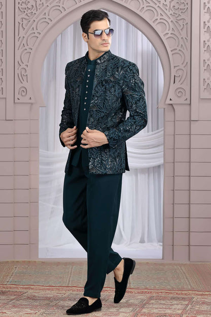 Teal Green Colour Thread Work Embroidery Art Silk 3 Pcs Jacket Jodhpuri
