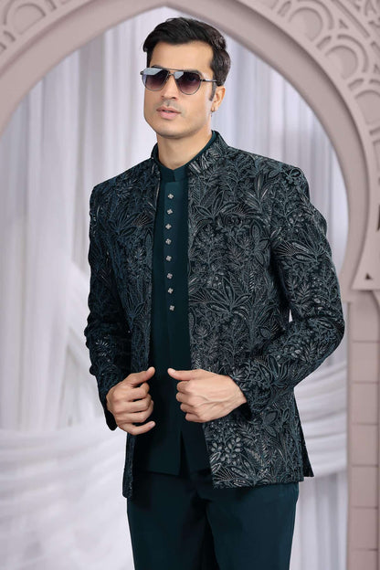 Teal Green Colour Thread Work Embroidery Art Silk 3 Pcs Jacket Jodhpuri