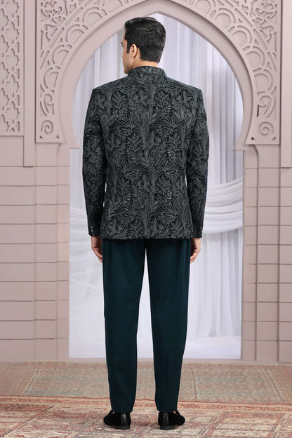 Teal Green Colour Thread Work Embroidery Art Silk 3 Pcs Jacket Jodhpuri