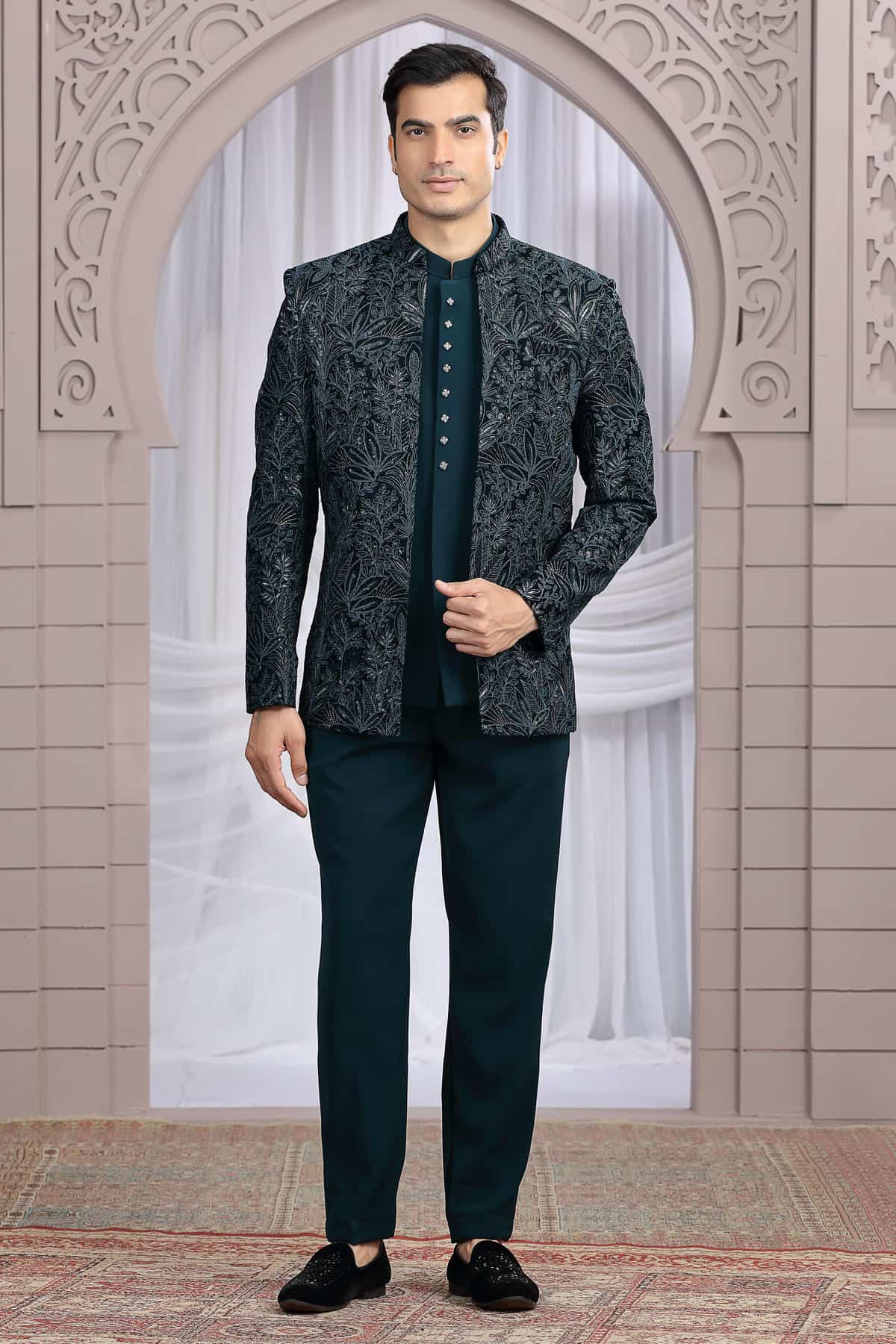 Teal Green Colour Thread Work Embroidery Art Silk 3 Pcs Jacket Jodhpuri