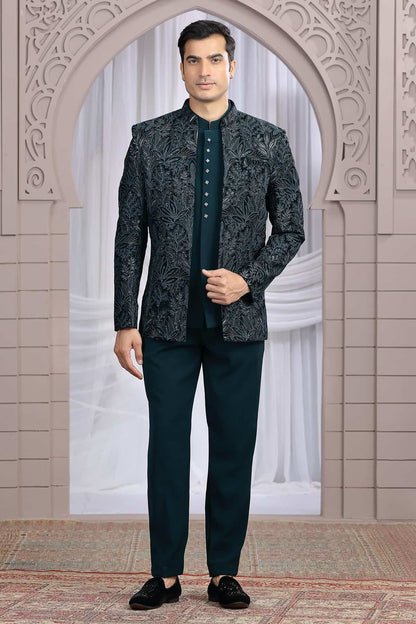 Teal Green Colour Thread Work Embroidery Art Silk 3 Pcs Jacket Jodhpuri