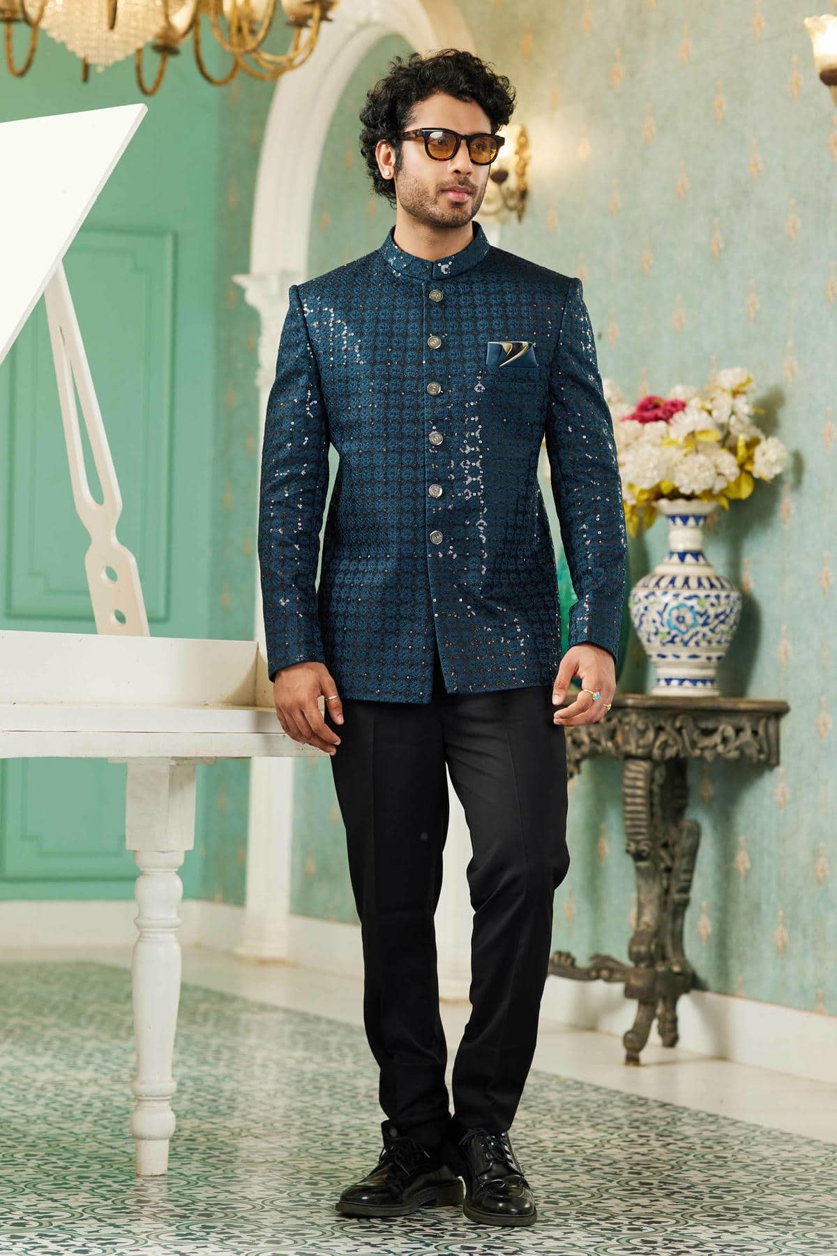 Teal Green Colour Thread Work Embroidery Art Silk Jodhpuri Set JP1230634