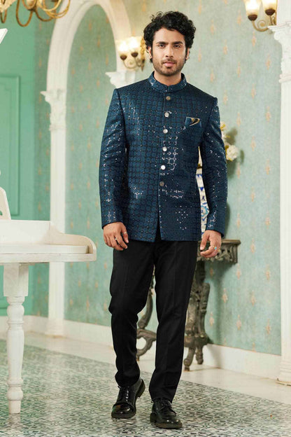 Teal Green Colour Thread Work Embroidery Art Silk Jodhpuri Set JP1230634
