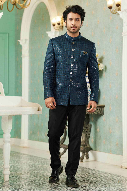 Teal Green Colour Thread Work Embroidery Art Silk Jodhpuri Set JP1230634
