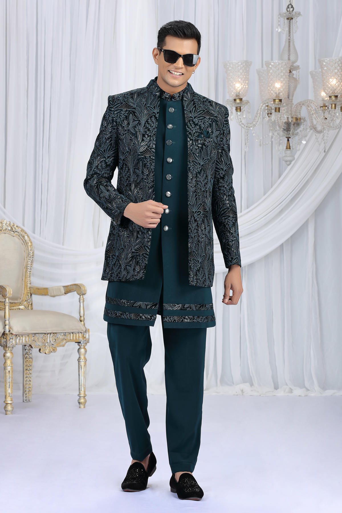 Teal Green Colour Velvet Silk Embroidery Work 3 Pcs Indo Western Sherwani