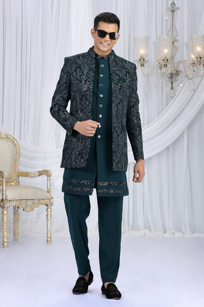 Teal Green Colour Velvet Silk Embroidery Work 3 Pcs Indo Western Sherwani