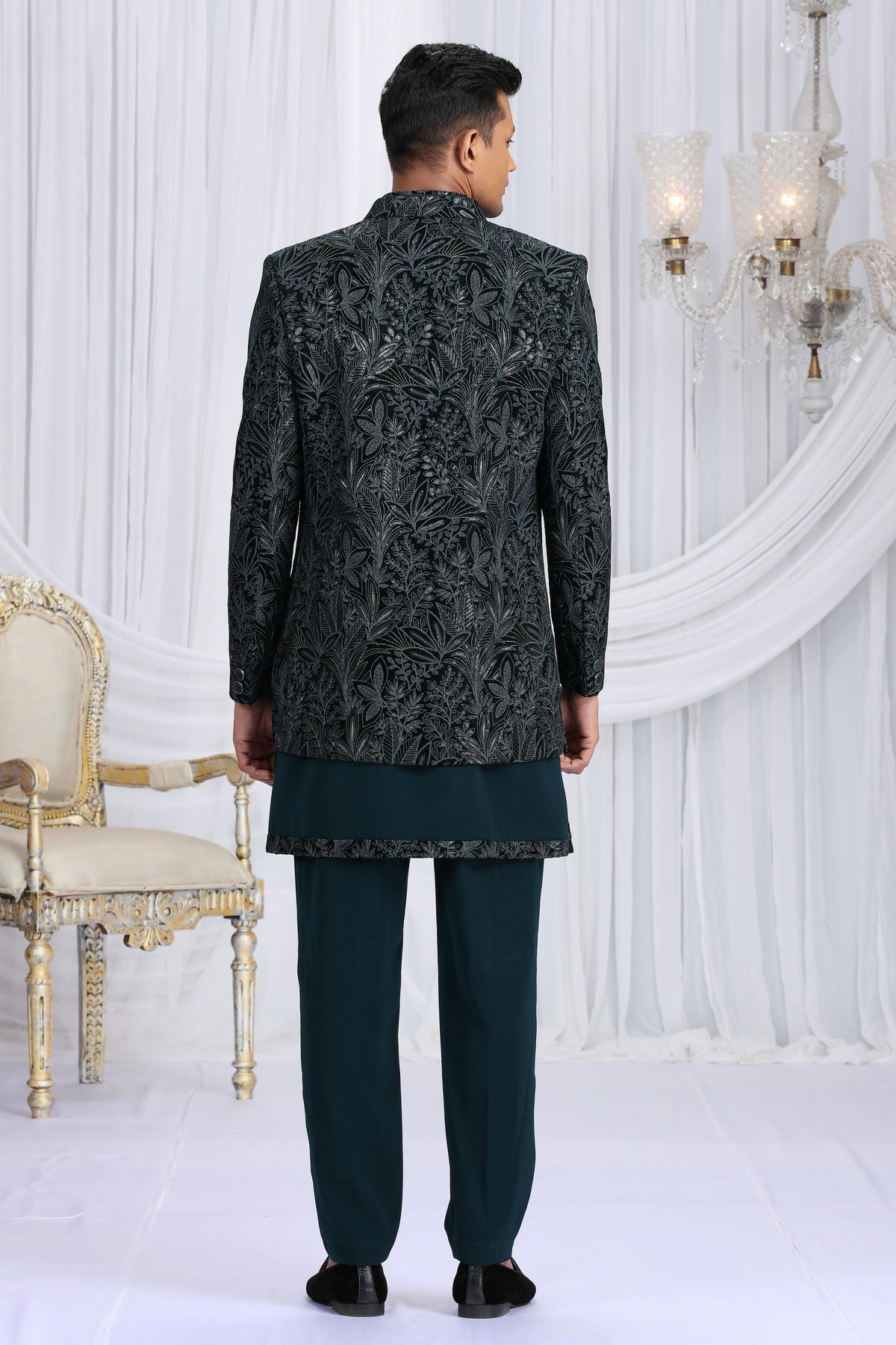 Teal Green Colour Velvet Silk Embroidery Work 3 Pcs Indo Western Sherwani