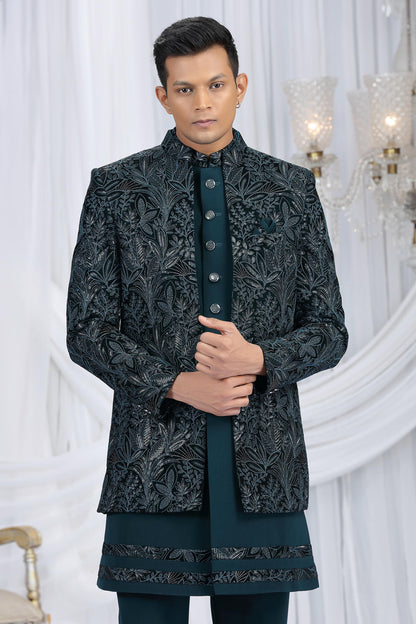 Teal Green Colour Velvet Silk Embroidery Work 3 Pcs Indo Western Sherwani