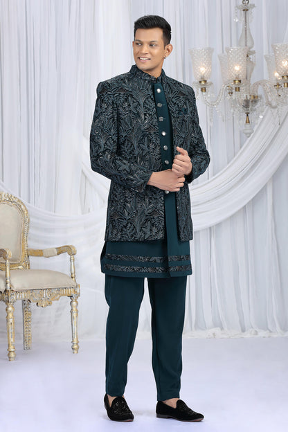 Teal Green Colour Velvet Silk Embroidery Work 3 Pcs Indo Western Sherwani