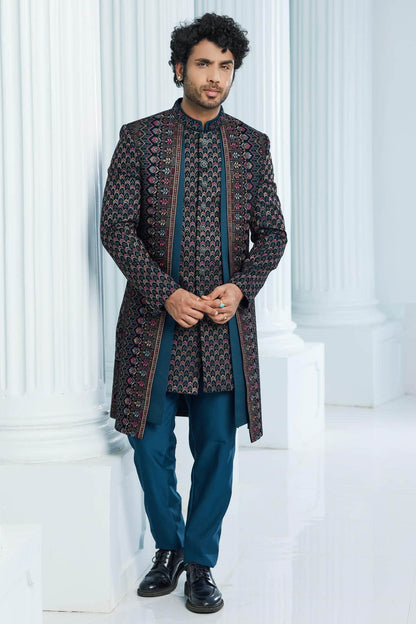Teal Green Colour Velvet Thread Embroidery Work 3 Pcs Jacket Set