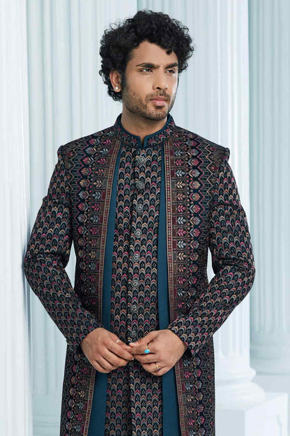 Teal Green Colour Velvet Thread Embroidery Work 3 Pcs Jacket Set