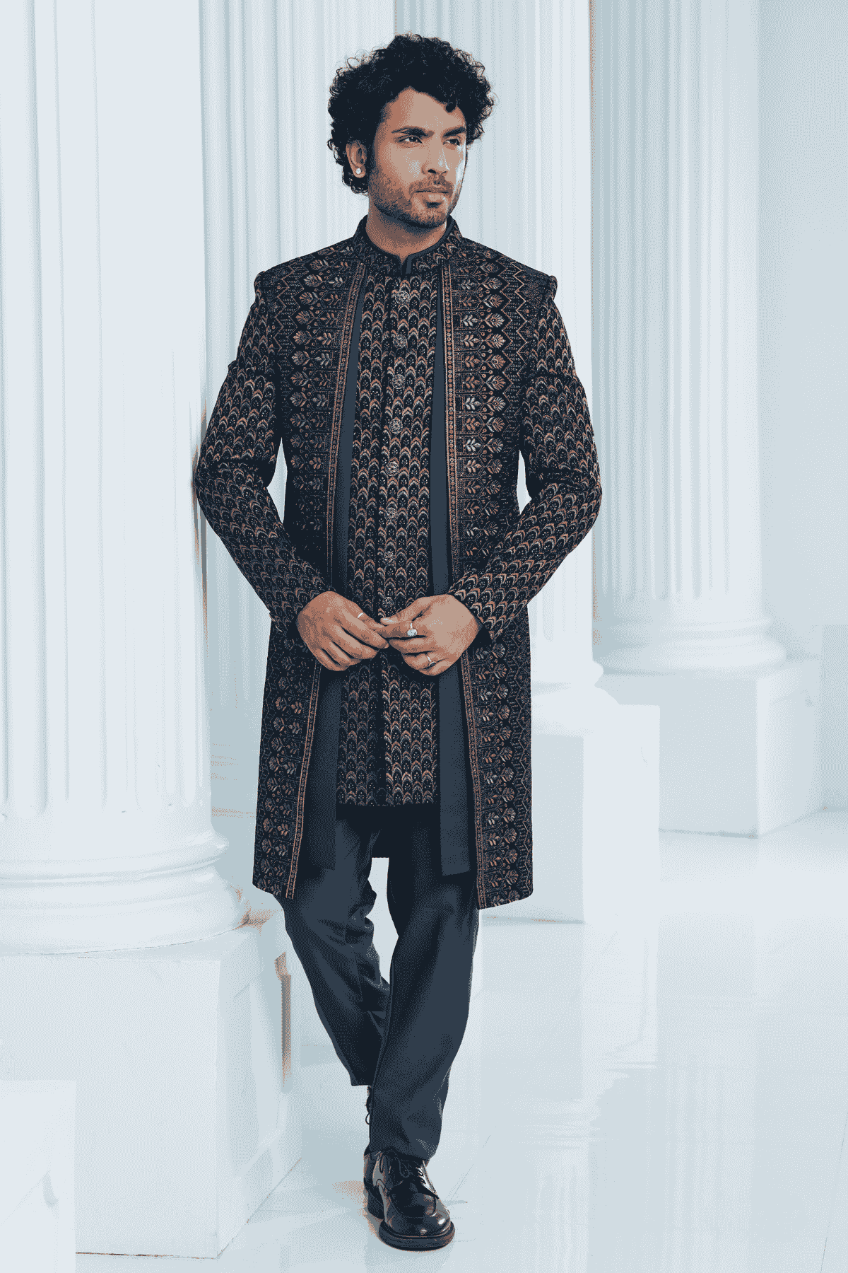 Teal Green Colour Velvet Thread Embroidery Work 3 Pcs Jacket Set