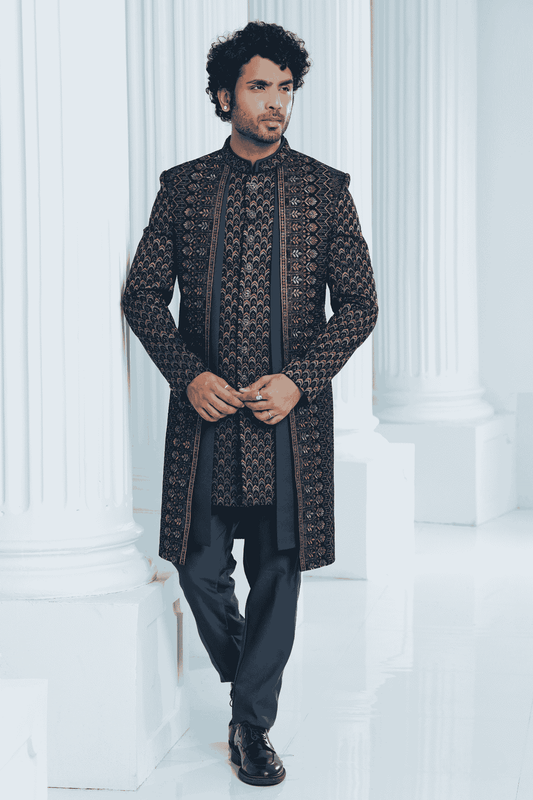 Teal Green Colour Velvet Thread Embroidery Work 3 Pcs Jacket Set