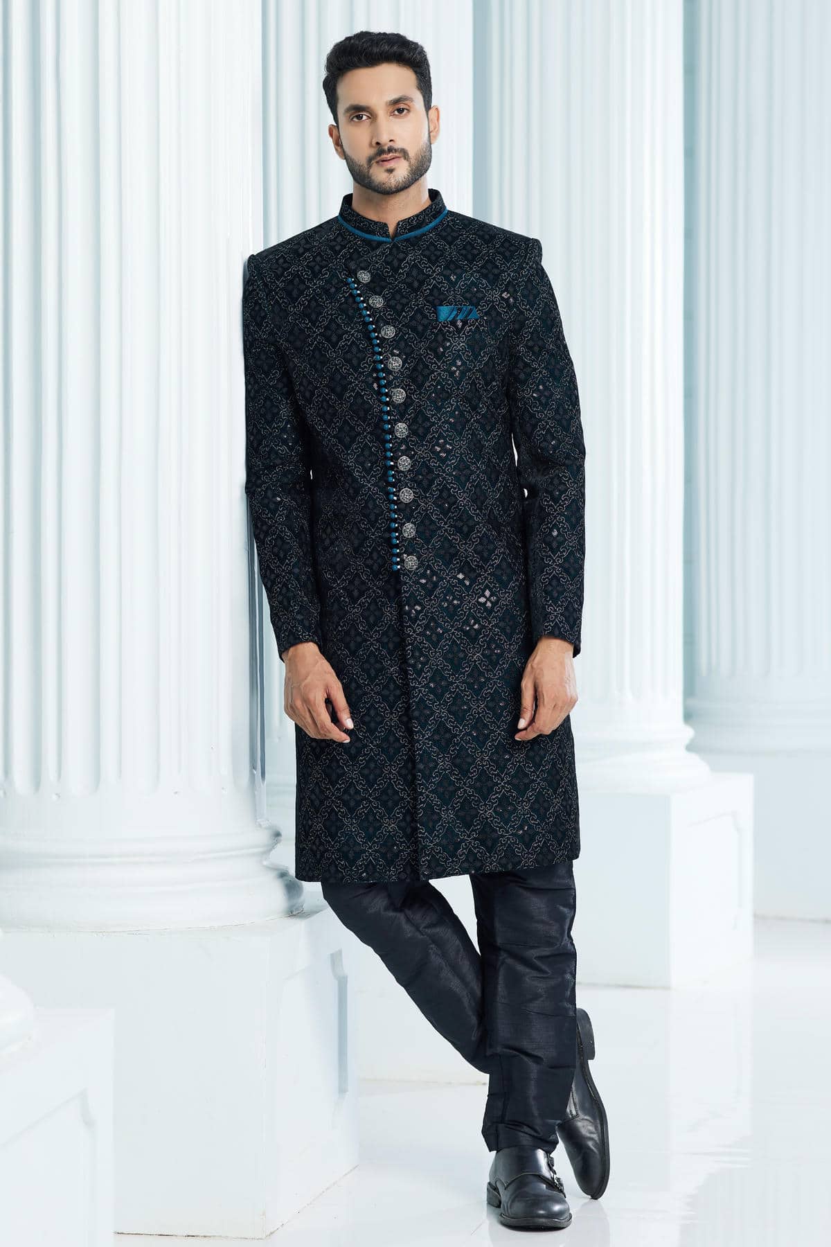 Teal Green Colour Velvet Thread Embroidery Work Indo Western
