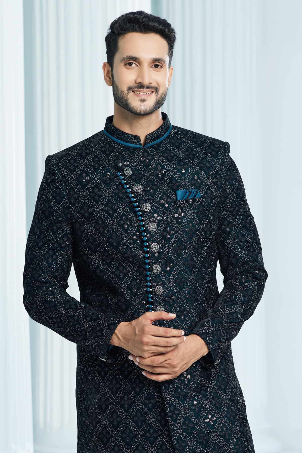 Teal Green Colour Velvet Thread Embroidery Work Indo Western
