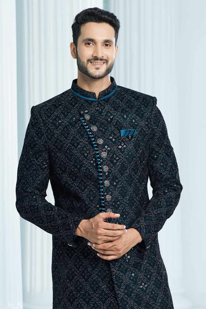 Teal Green Colour Velvet Thread Embroidery Work Indo Western