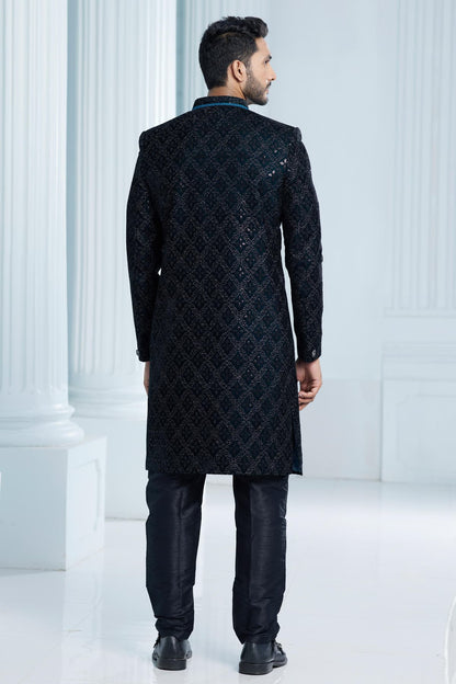 Teal Green Colour Velvet Thread Embroidery Work Indo Western
