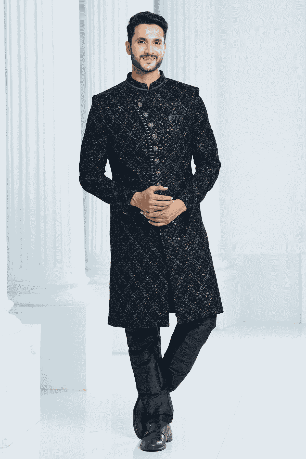 Teal Green Colour Velvet Thread Embroidery Work Indo Western