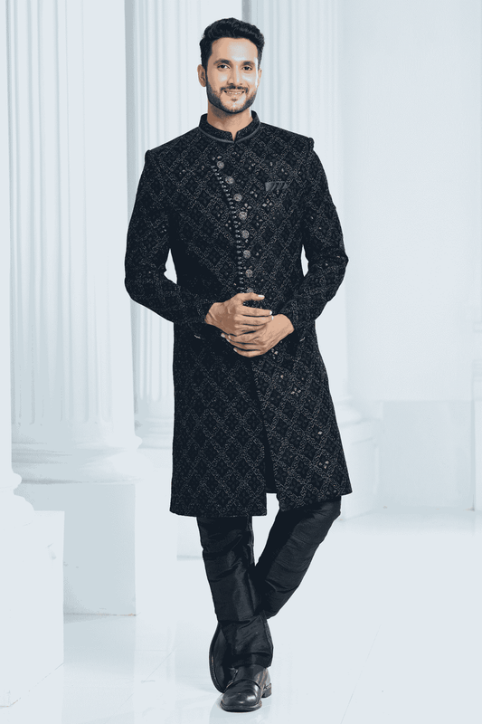 Teal Green Colour Velvet Thread Embroidery Work Indo Western