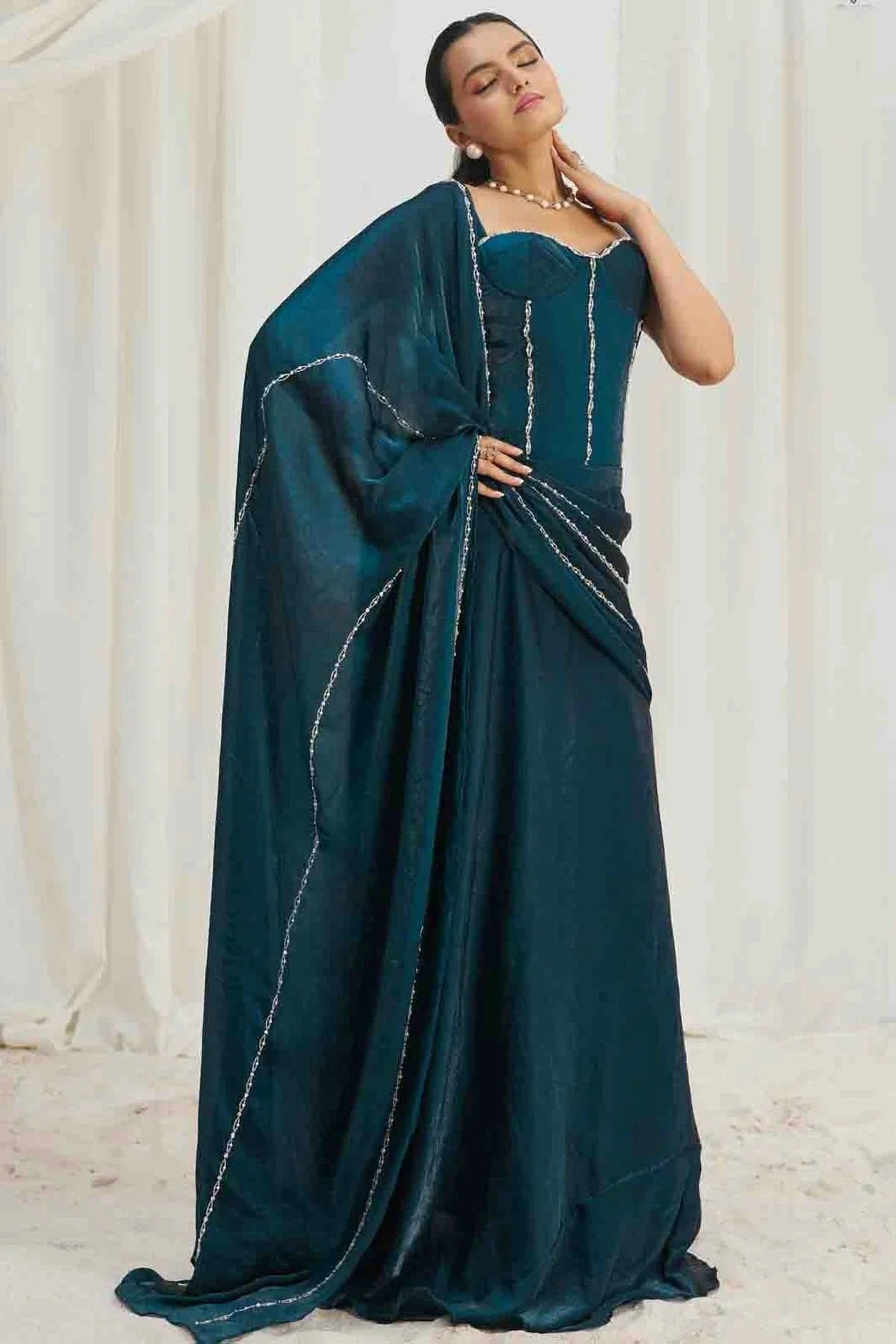 Teal Organza Hand Work Ready To Wear Saree SD1080978 A