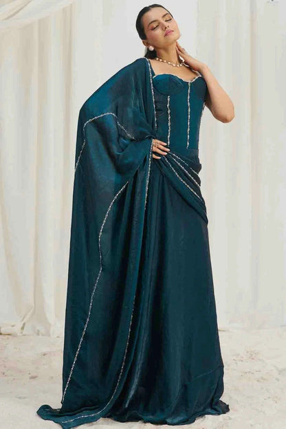 Teal Organza Hand Work Ready To Wear Saree SD1080978 A