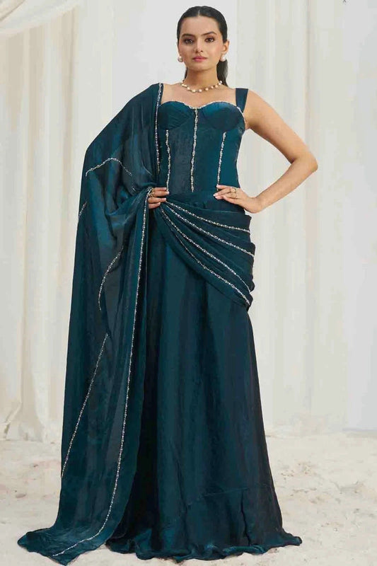 Teal Organza Hand Work Ready To Wear Saree SD1080978