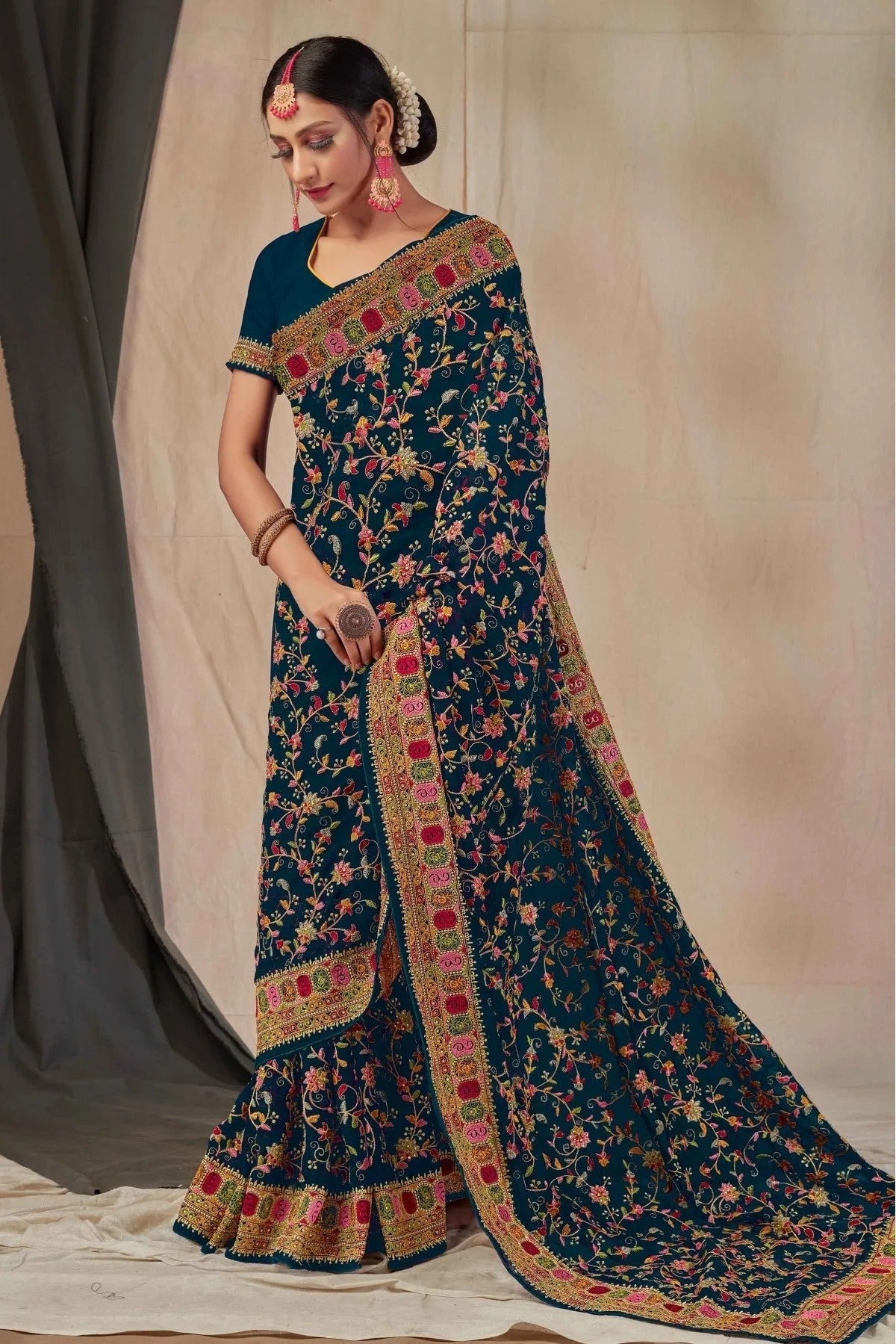 Teal and Blue Colour Georgette Embroidery Saree SD1120902
