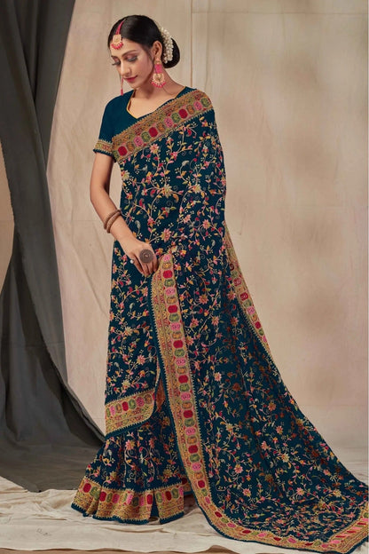 Teal and Blue Colour Georgette Embroidery Saree SD1120902