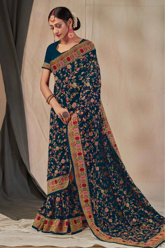 Teal and Blue Colour Georgette Embroidery Saree SD1120902