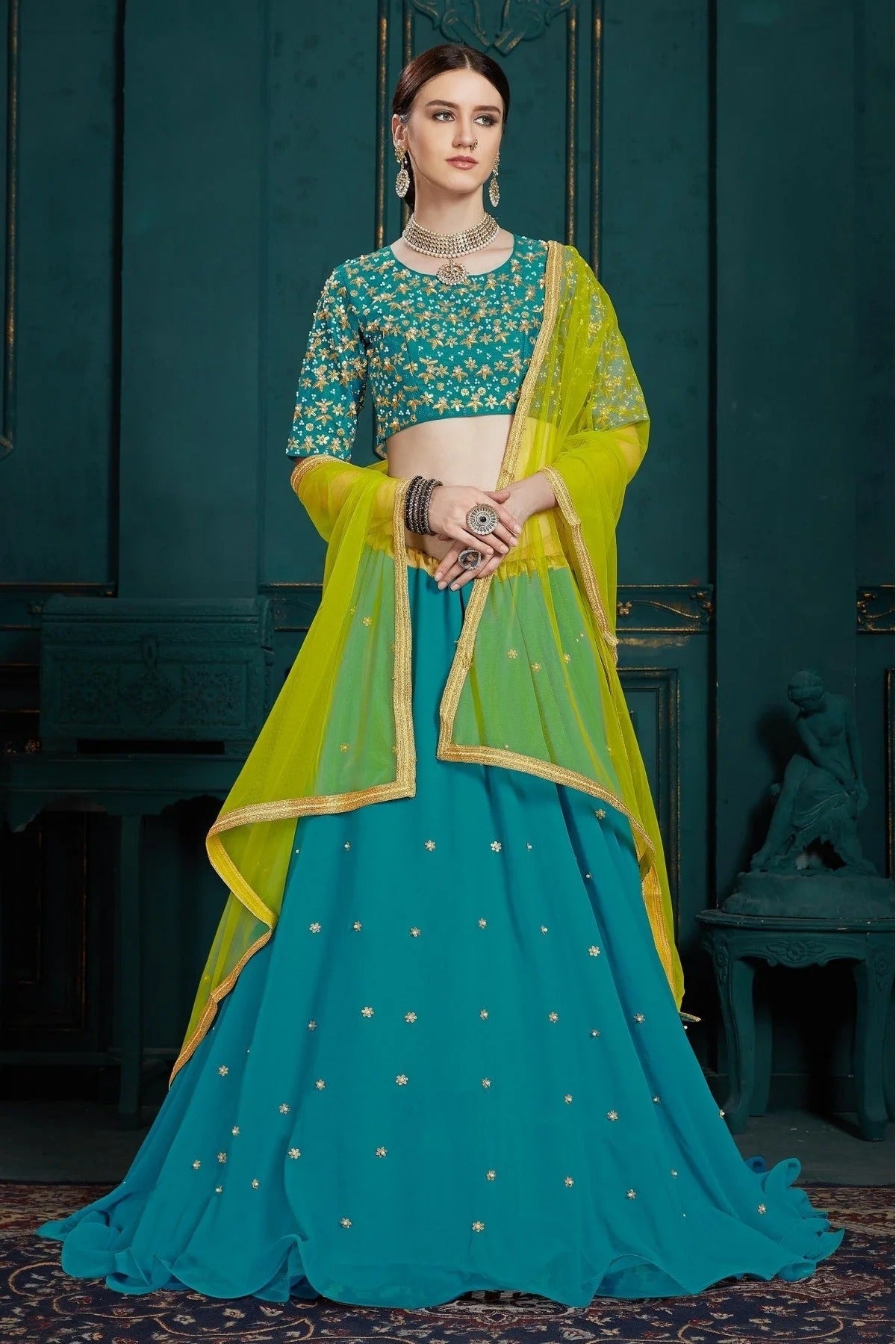 Teal and Blue Colour Georgette Sequins Work Lehenga Choli LC1080412