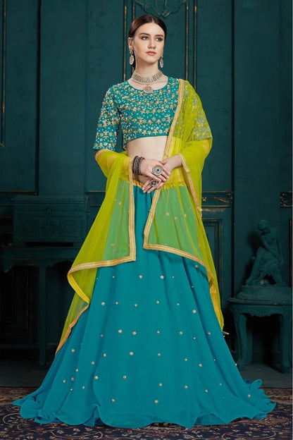 Teal and Blue Colour Georgette Sequins Work Lehenga Choli LC1080412