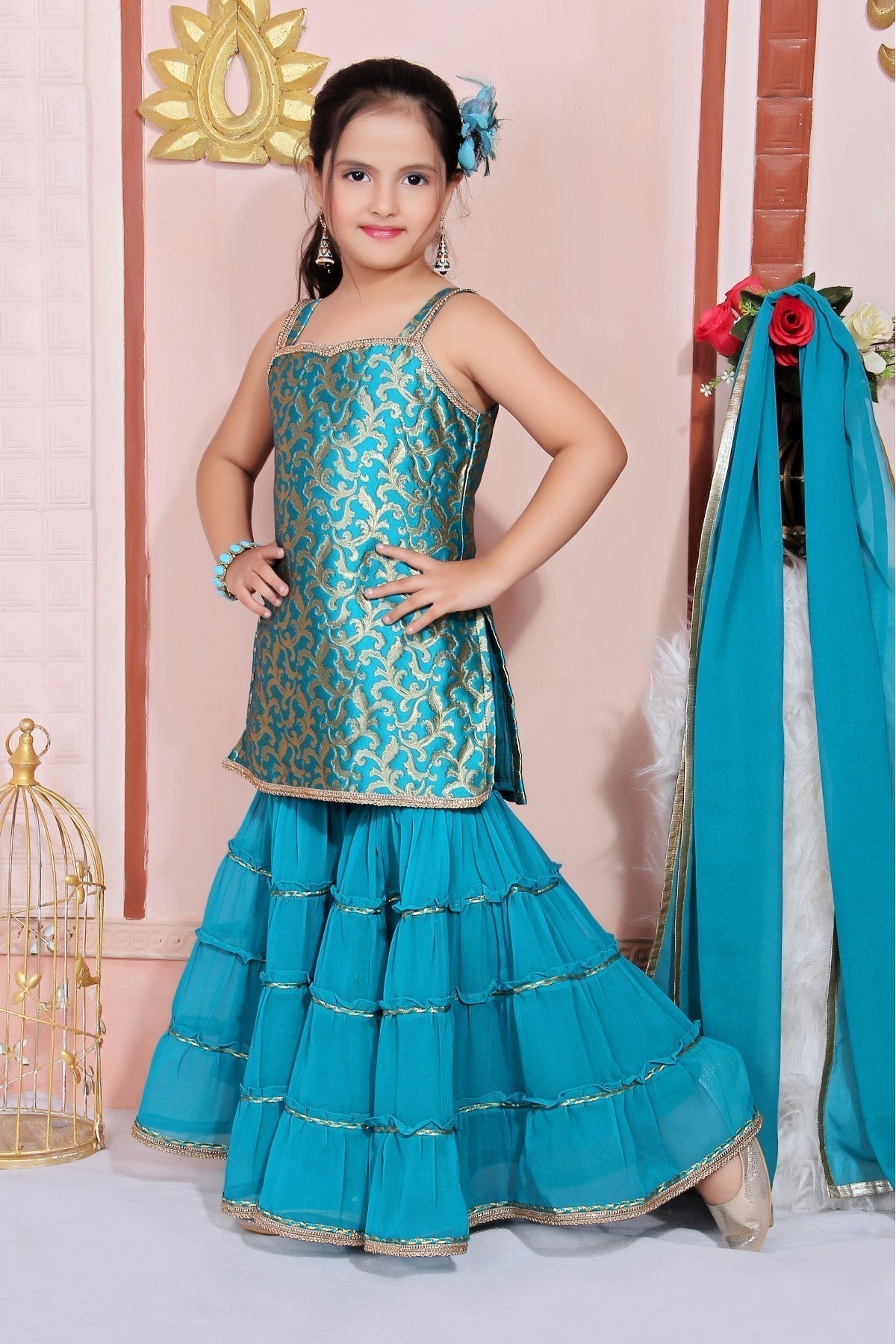 Teal and Blue Colour Jacquard Embroidery Sharara Suit GW1070034 A