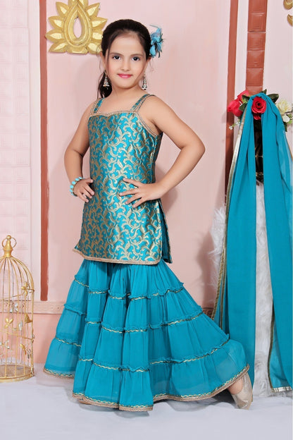 Teal and Blue Colour Jacquard Embroidery Sharara Suit GW1070034 A