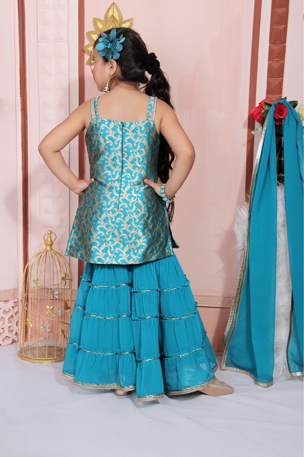 Teal and Blue Colour Jacquard Embroidery Sharara Suit GW1070034 B