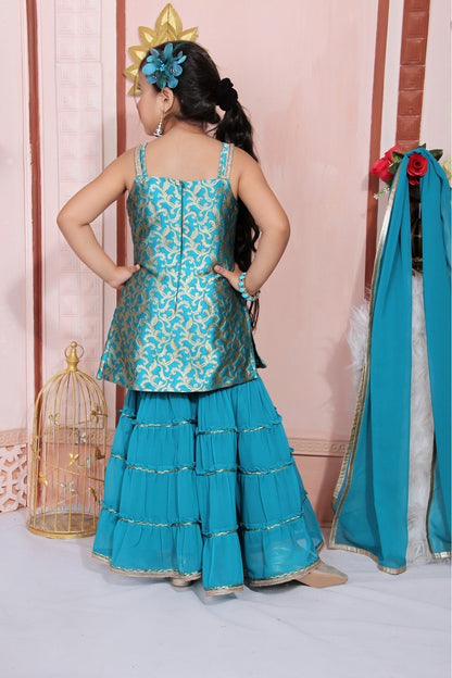 Teal and Blue Colour Jacquard Embroidery Sharara Suit GW1070034 B
