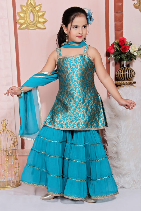 Teal and Blue Colour Jacquard Embroidery Sharara Suit GW1070034