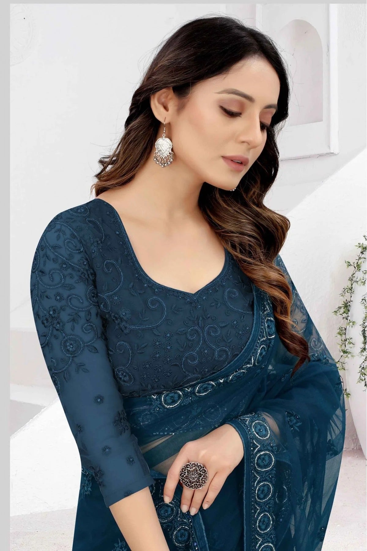 Teal and Blue Colour Net Embroidery Saree SD1120876 A