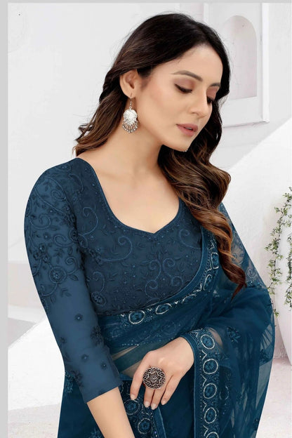 Teal and Blue Colour Net Embroidery Saree SD1120876 A