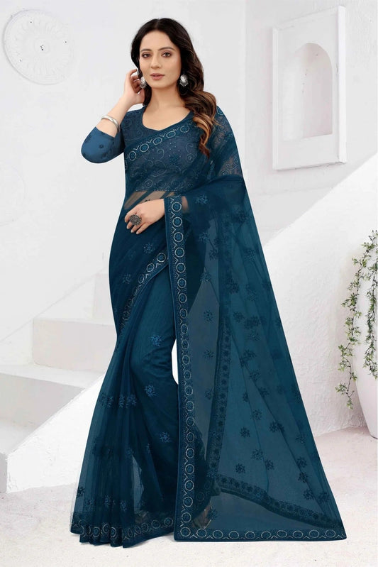 Teal and Blue Colour Net Embroidery Saree SD1120876