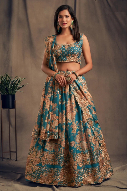 Teal and Blue Colour Organza Lehenga Choli LC1010100